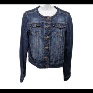 Elle Round Neck Denim Blue Jean Jacket S 90s Distressed #2300